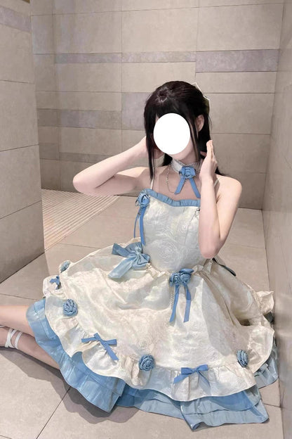 Apricot/Blue Print Ruffle Bowknot Sweet Princess Lolita Jsk Dress