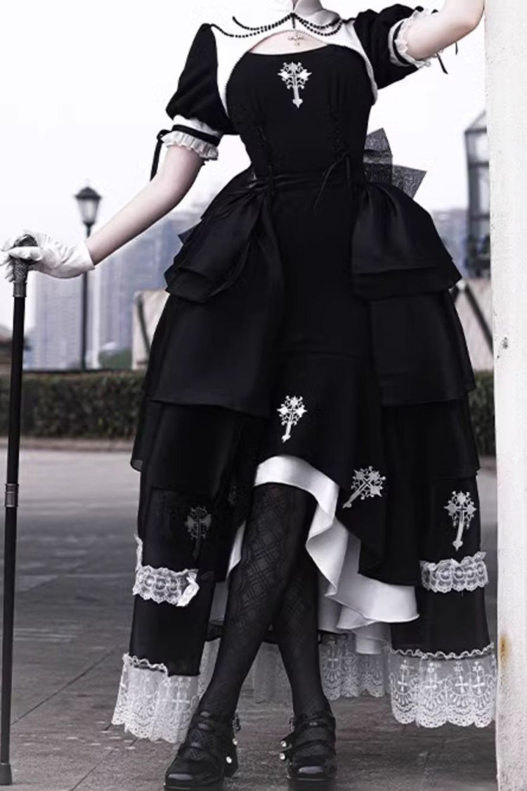 Black Nun Style Prayer for the Dead Stitching Lace Sheer Gothic Lolita Dress Two-piece Set