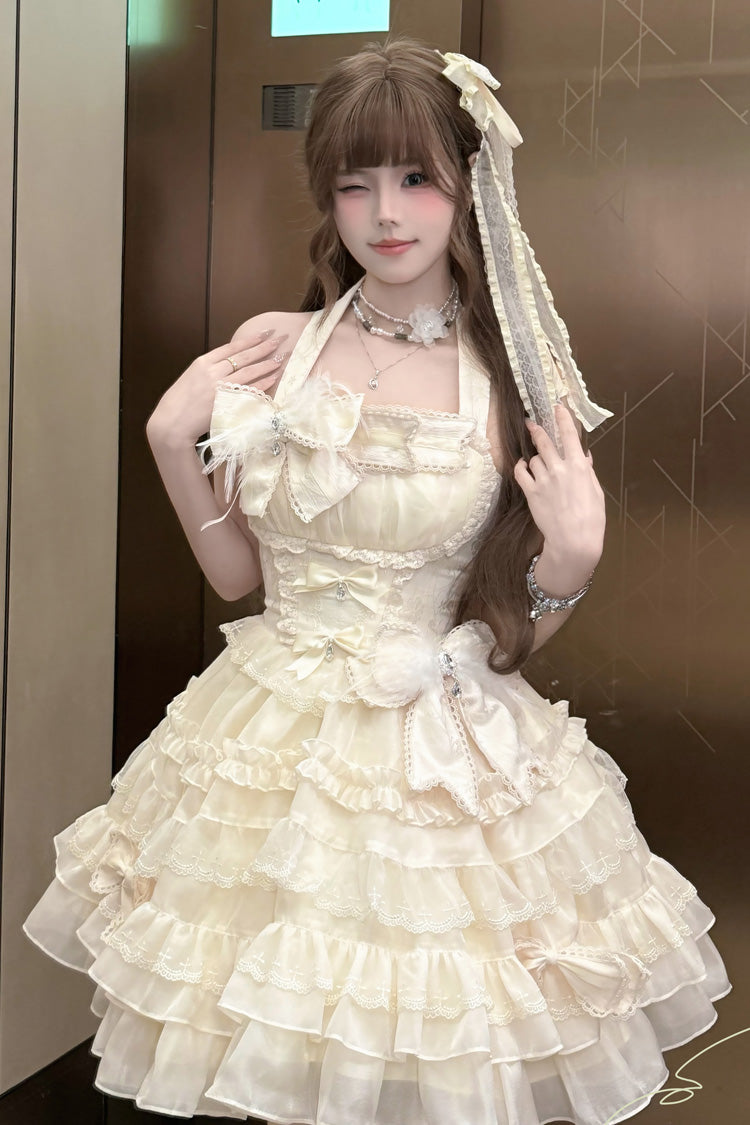 Apricot [Swan Overture] Halterneck Sleeveless Multi-Layered Ruffle Bowknot Lace Sweet Lolita Dress