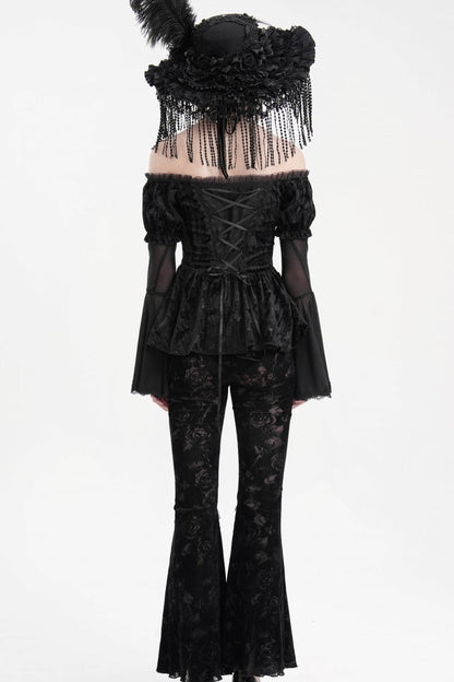 Black Halterneck Long Sleeves Hollow Lace-Up Mesh Women's Gothic Blouse