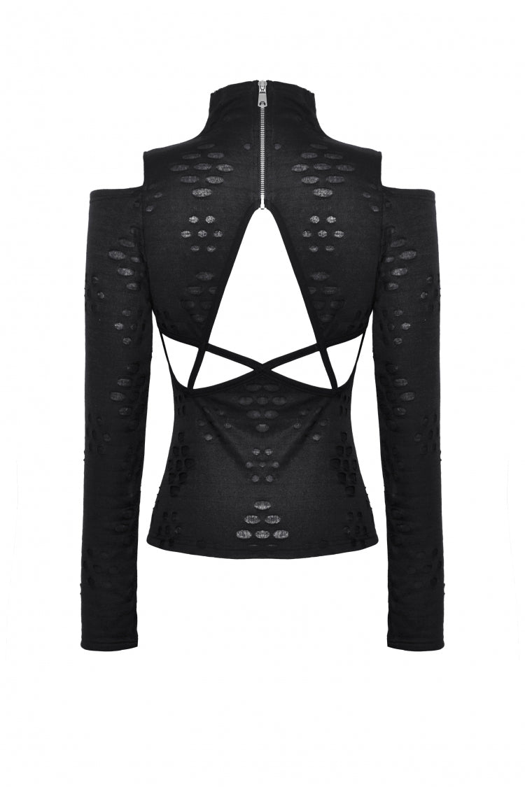 Black Long Sleeves Cut-Out Ripped Zippered Eyelets Women's Punk Distressed Top