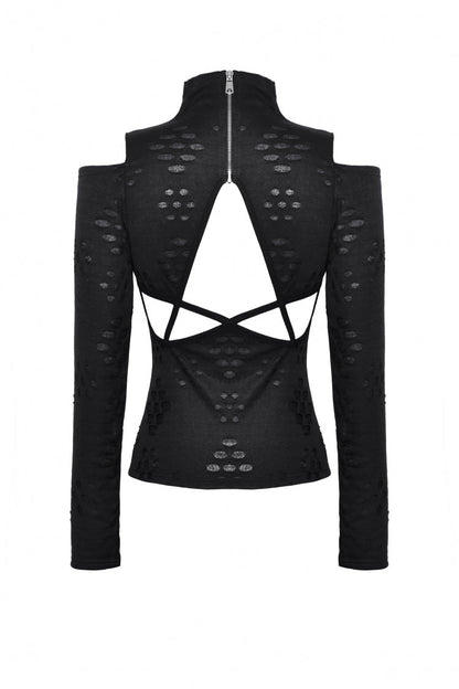 Black Long Sleeves Cut-Out Ripped Zippered Eyelets Women's Punk Distressed Top