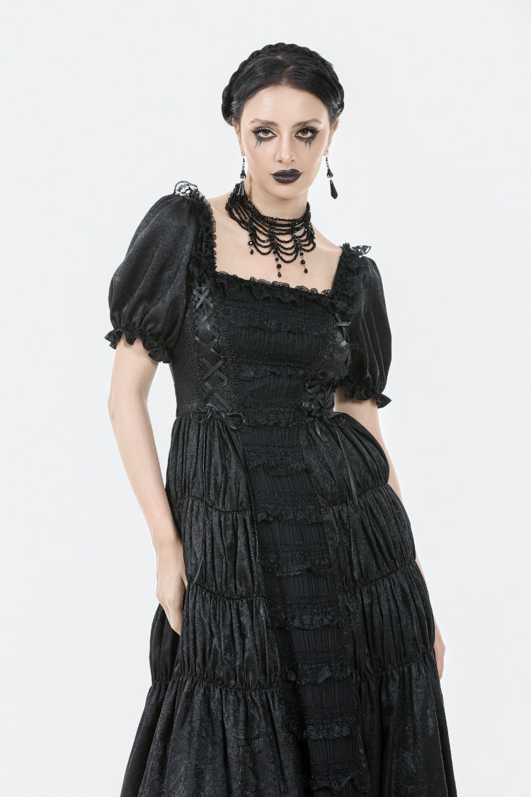 Black Lace Square Collar Short Puff Sleeves Lace-Up Ruched Women's Gothic Wedding Dress