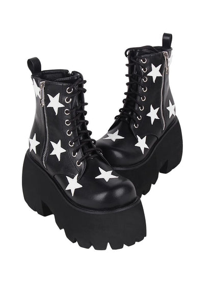 Black Five-pointed Star Print Zipper Punk Lolita Ankle Boots