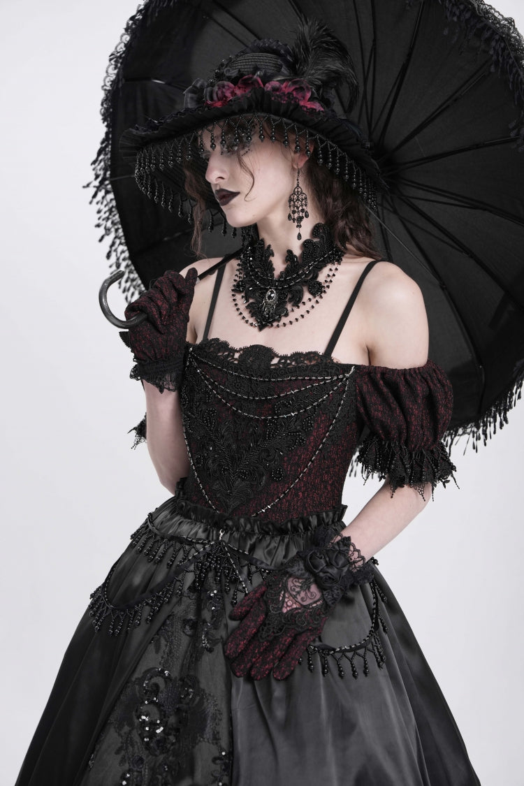 Black Off Shoulder Short Sleeves Jacquard Cardigan Stitching Lace Women's Gothic Dress