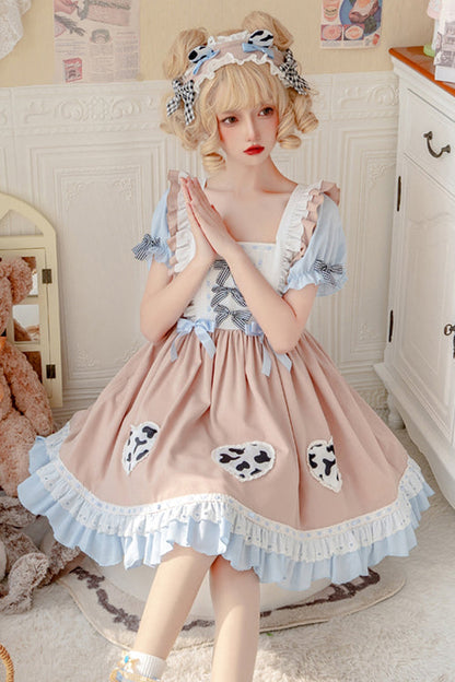Apricot Pastoral Girl Ruffled Sling Short Sleeves High Waisted Sweet Lolita OP Dress