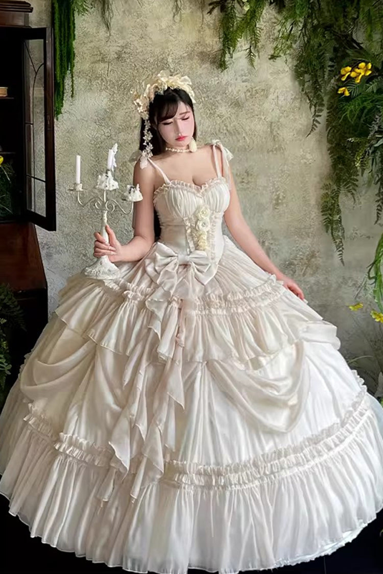 Apricot/Beige [Antique Bride] Sleeveless Multi-Layered Ruffled Bow Lace Sweet Elegant Gorgeous Full Skirt Lolita Jsk Dress