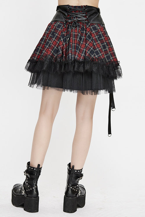 Black And Red Punk Lace Up Scottish Plaid Womens Skirts With Bag