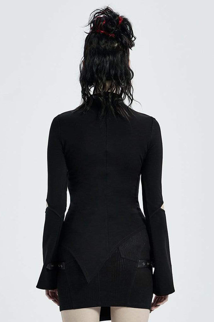 Black Gothic Stretch Knitted Fabric Spliced Geometric Mesh Design Women's Long Sleeve T-Shirt