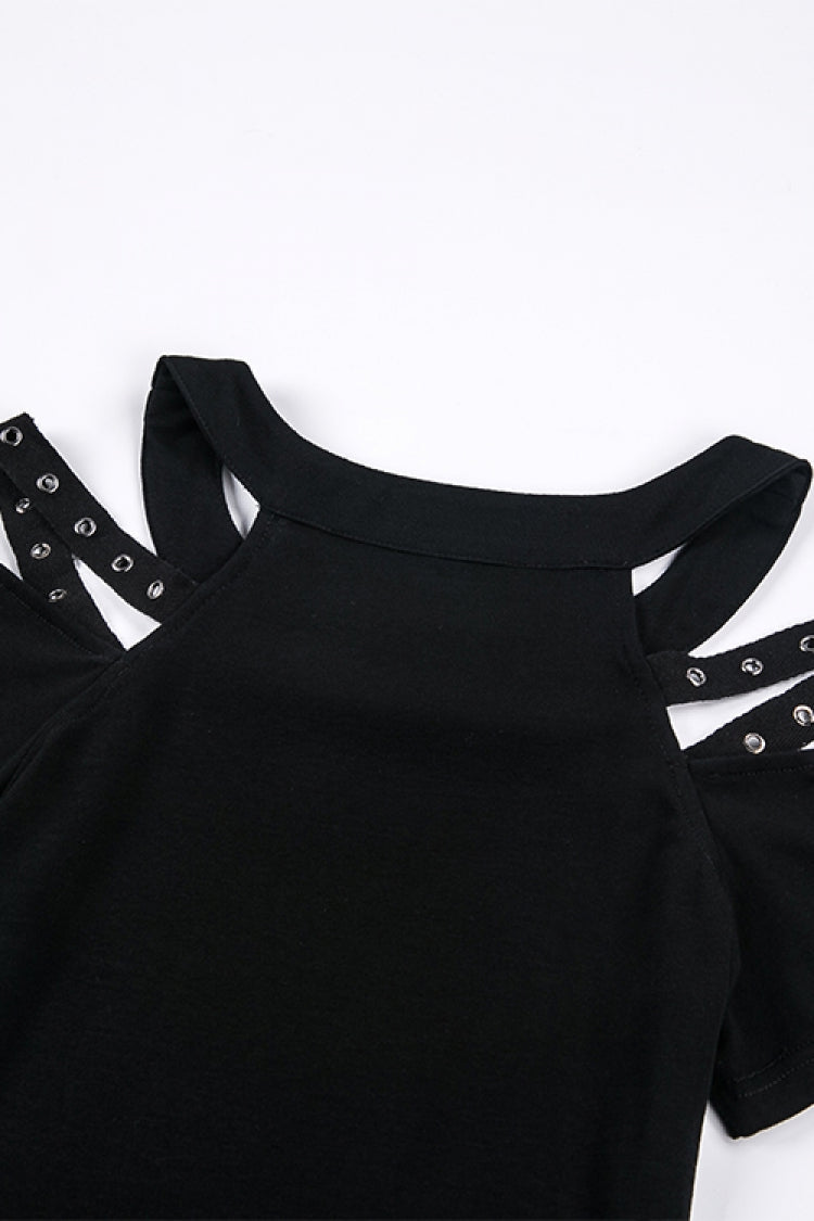 Black Off Shoulder Straps Short Sleeves Cut-Out Women's T-Shirt