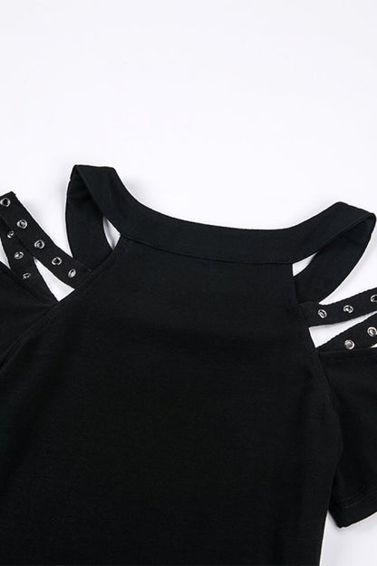 Black Off Shoulder Straps Short Sleeves Cut-Out Women's T-Shirt