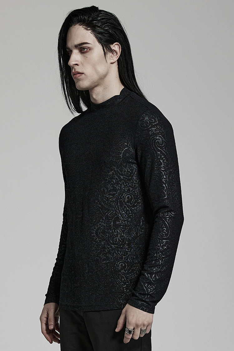 Black Long Sleeves Print Slim Men's Gothic Blouse