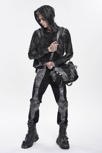 Black Long Sleeves Spliced Hooded Mesh Ripped Faux Two-Piece Zippered Eyelet Men's Punk T-Shirt