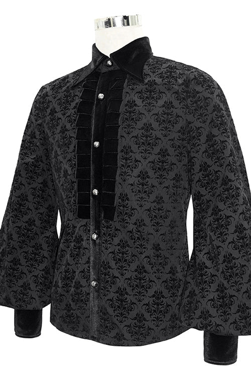 Black Court Pattern Flocking Lantern Sleeves Mens Gothic Blouse