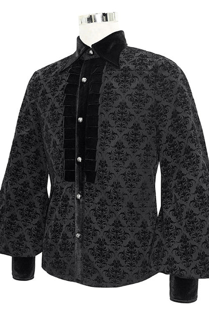 Black Court Pattern Flocking Lantern Sleeves Mens Gothic Blouse