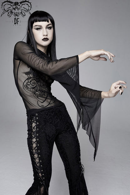 Black Mesh Horn Sleeve Snake Flocking Printed Women's Gothic Shirt