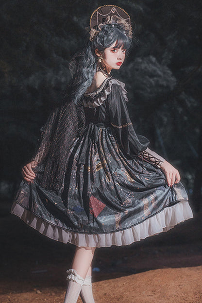 Black Long Sleeves Mist Print Classic Lolita OP Dress