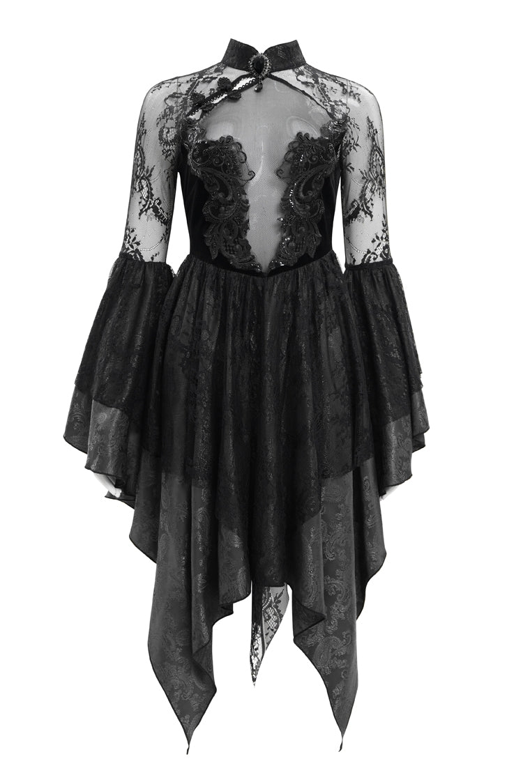 Black Long Sleeves Embroidery Lace Lace-Up Irregular Sheer Mesh Women's Gothic Dress