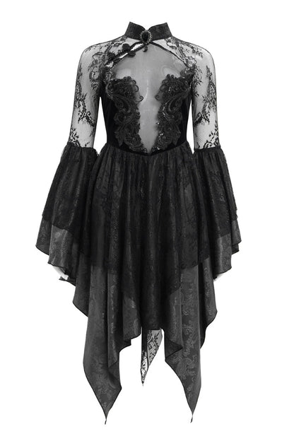 Black Long Sleeves Embroidery Lace Lace-Up Irregular Sheer Mesh Women's Gothic Dress