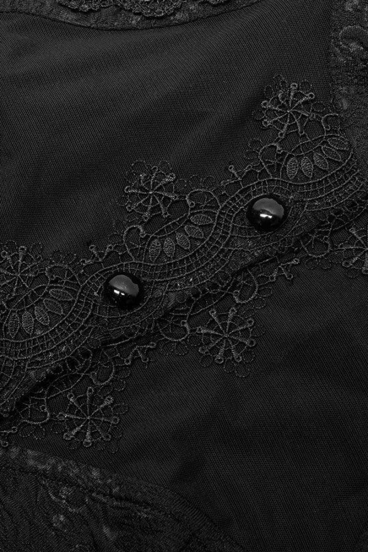 Black Long Trumpet Sleeves Print Hollow Stitching Lace-Up Womens Gothic Blouse