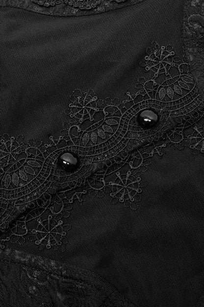 Black Long Trumpet Sleeves Print Hollow Stitching Lace-Up Womens Gothic Blouse