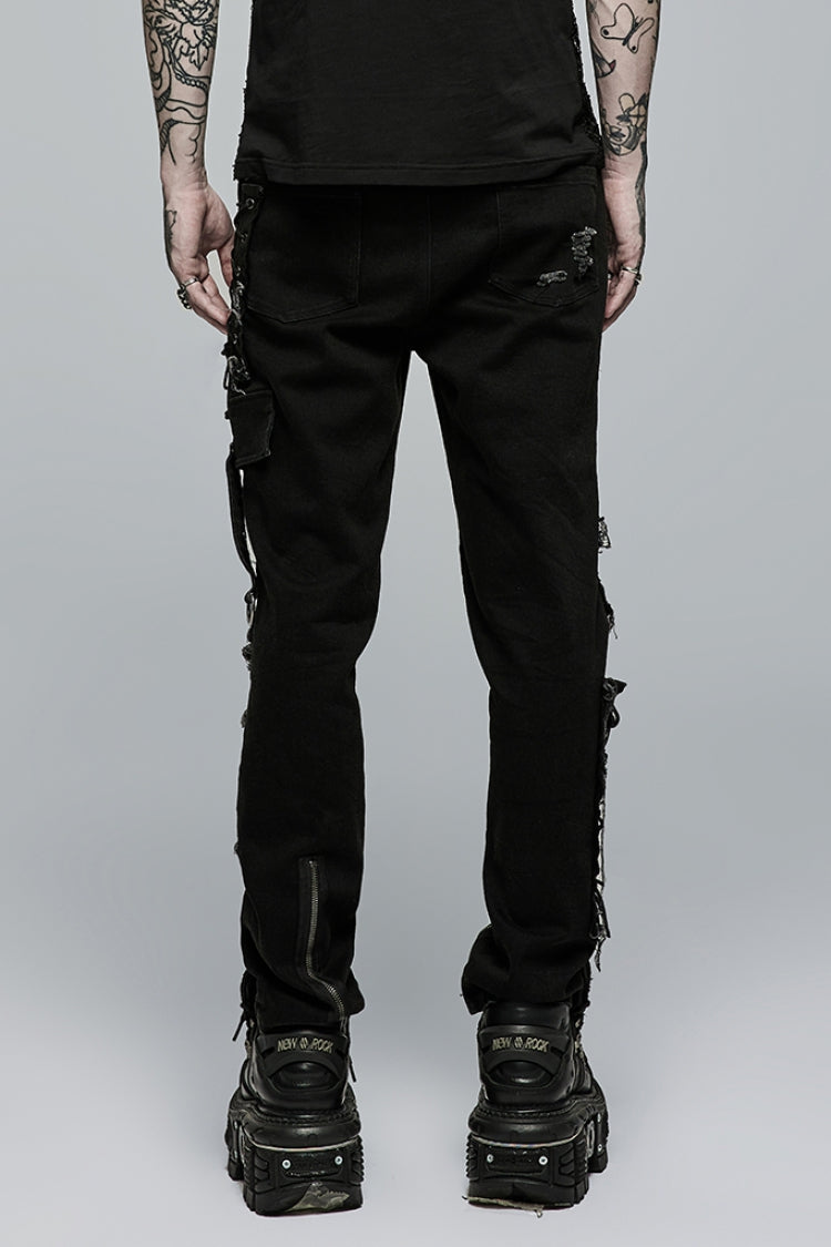 Black Hollow Lace-Up Ripped Men's Punk Pants