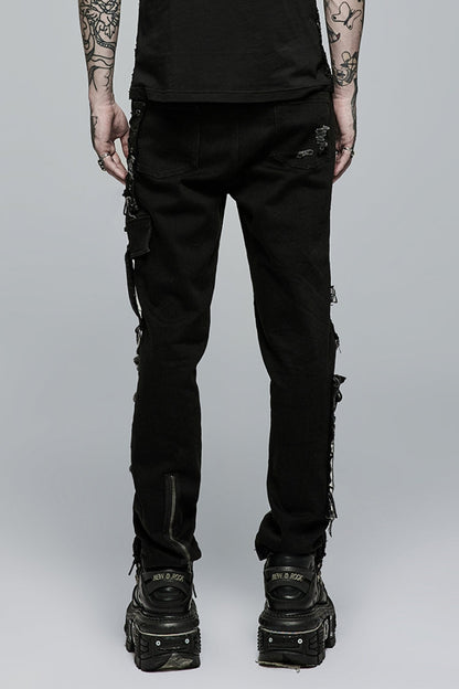 Black Hollow Lace-Up Ripped Men's Punk Pants