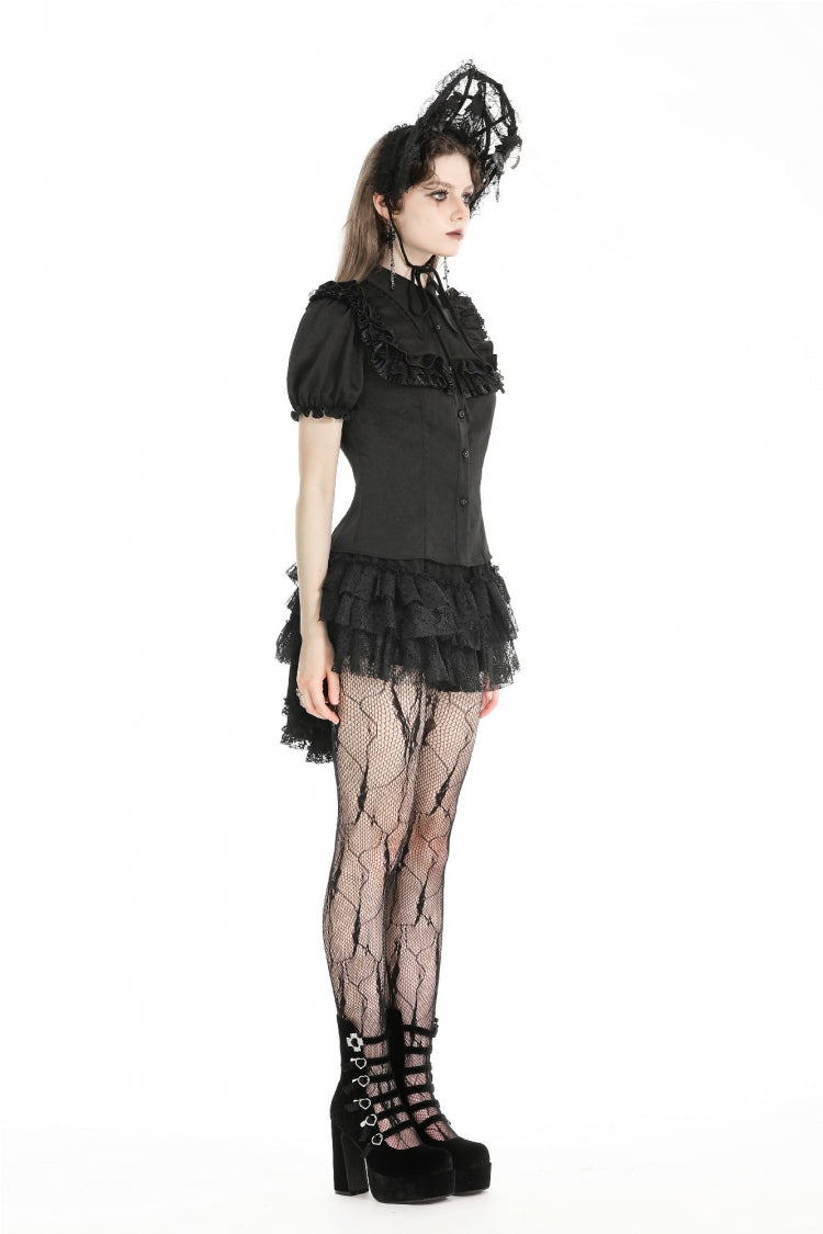 Black Multi-Layered Lace Women's Gothic Puffy Skirt with Detachable Swallow Tail