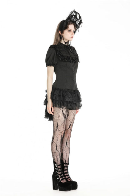 Black Multi-Layered Lace Women's Gothic Puffy Skirt with Detachable Swallow Tail