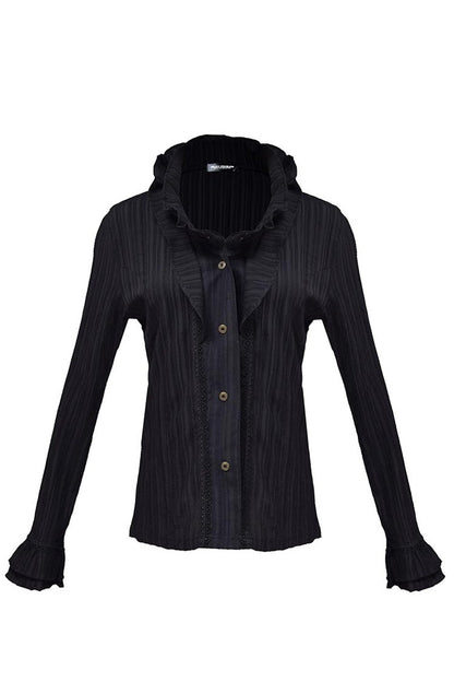 Black Long Sleeves Lotus Leaf Collar Slim Womens Classic Gothic Blouse