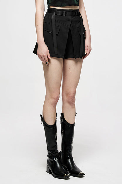 Black Casual Cross Lamination High Waist Design Metal Crescent Accessories Decoration Fake Women's Punk Two-Piece Shorts