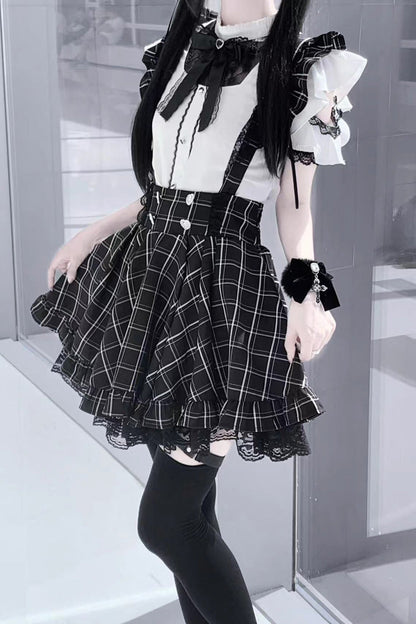 Black Plaid Print Ruffle Lace Jirai Kei Japanese Strap Dress