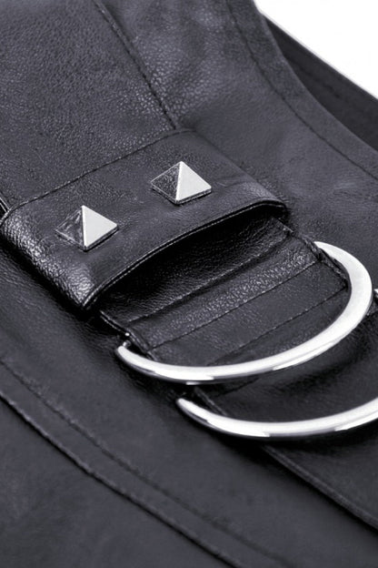Black Faux Leather Metal Belt Buckled Pleated Women's Punk Mini Skirt