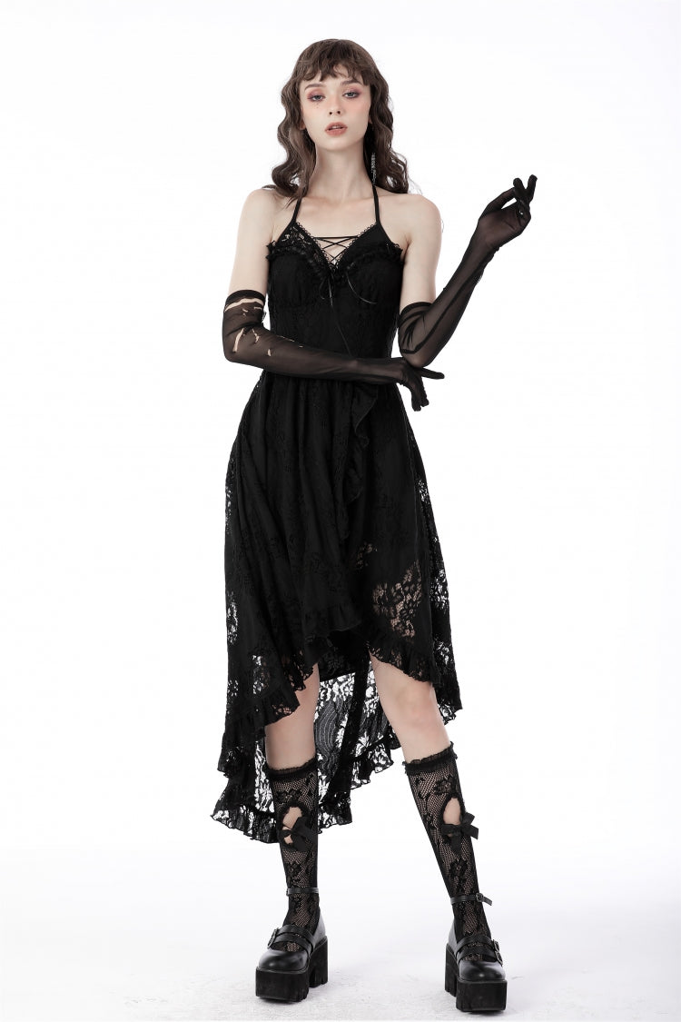 Black Off Shoulder Halterneck Ruffled Lace-Up Swallow Tail Floral Lace Women's Gothic Dress