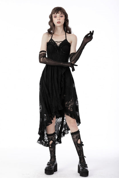 Black Off Shoulder Halterneck Ruffled Lace-Up Swallow Tail Floral Lace Women's Gothic Dress