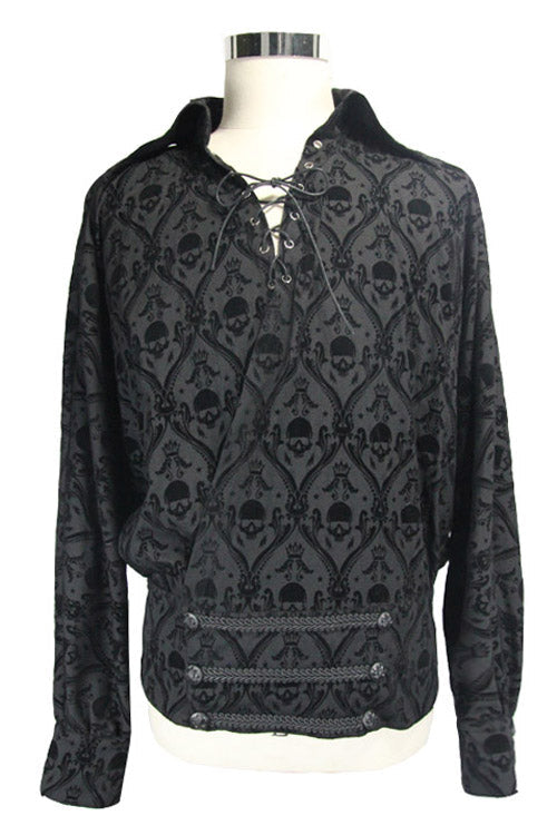 Black Lace Up Neckline Skull Printed Mens Gothic Blouse