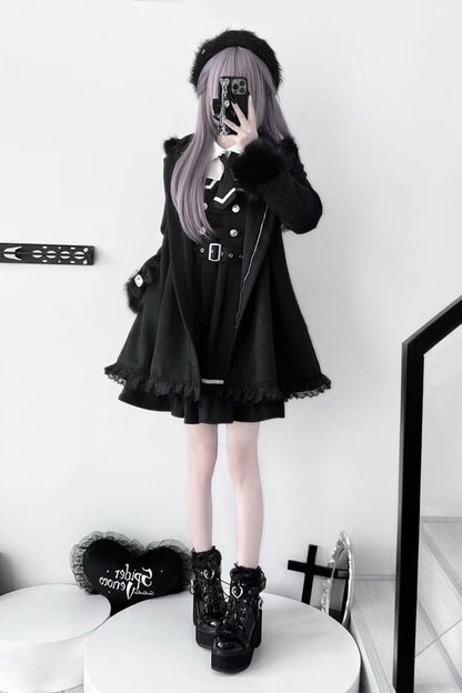 Black Long Sleeves Bowknot Rabbit Ears Detachable Hooded Japanese Jirai Kei Coat