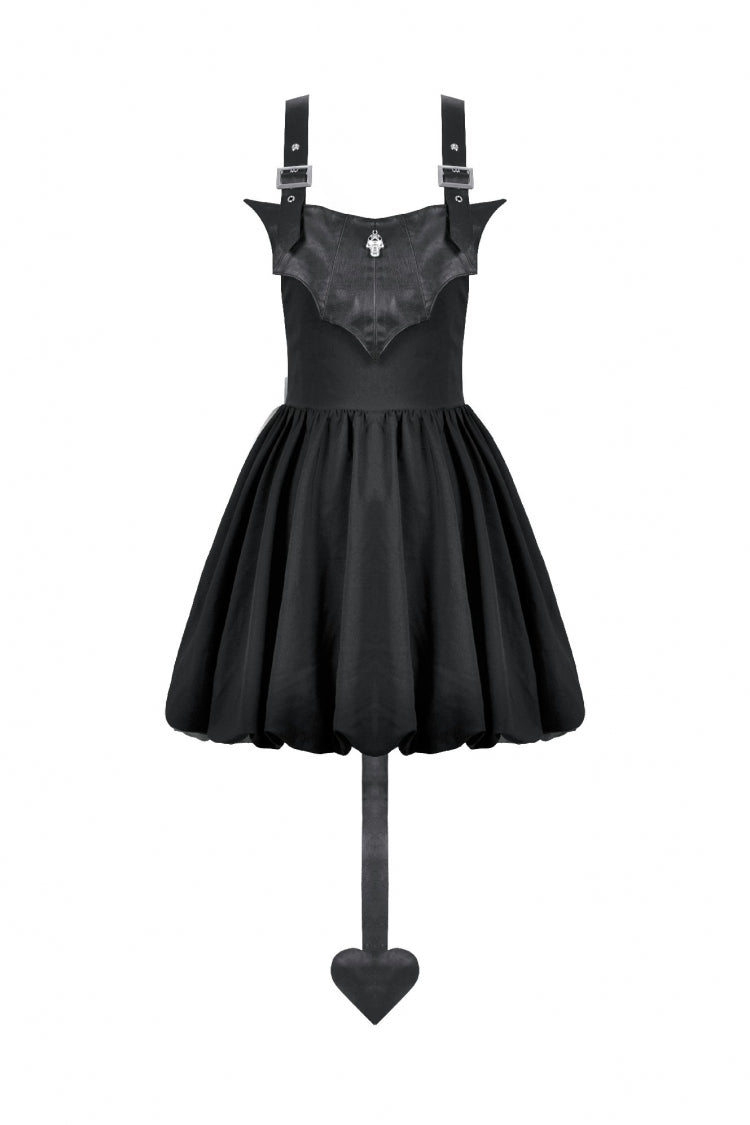Black Bat Wing Buckled Women's Gothic Suspender Dress Graduation Dress with Tail