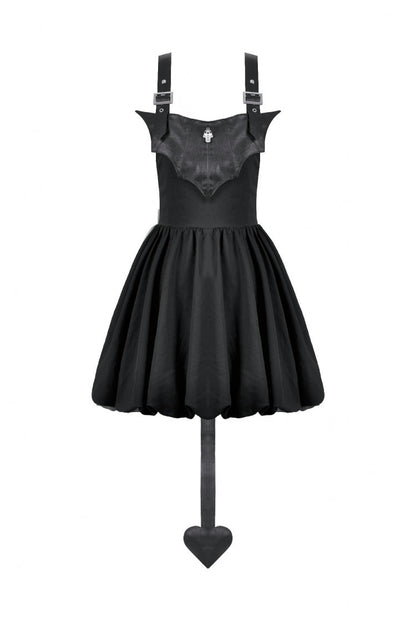 Black Bat Wing Buckled Women's Gothic Suspender Dress Graduation Dress with Tail