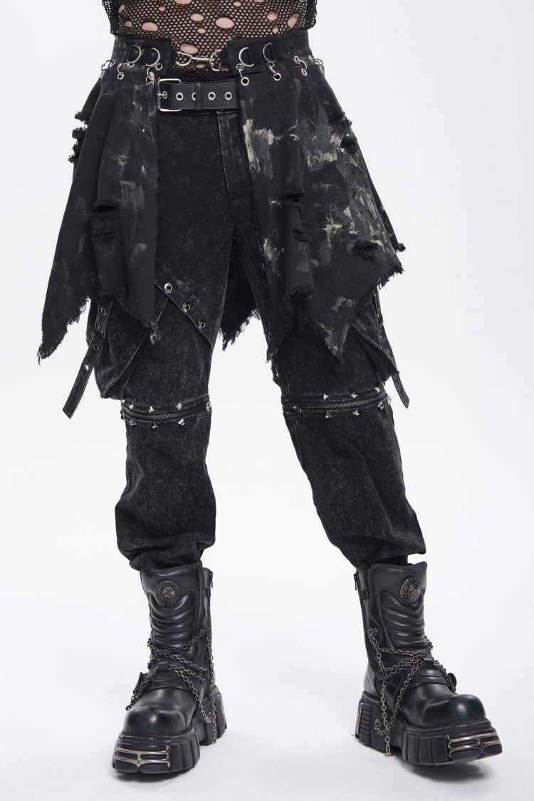 Black Irregular Ripped Buckled Pleated Chain-Decorated Men's Punk Skirt