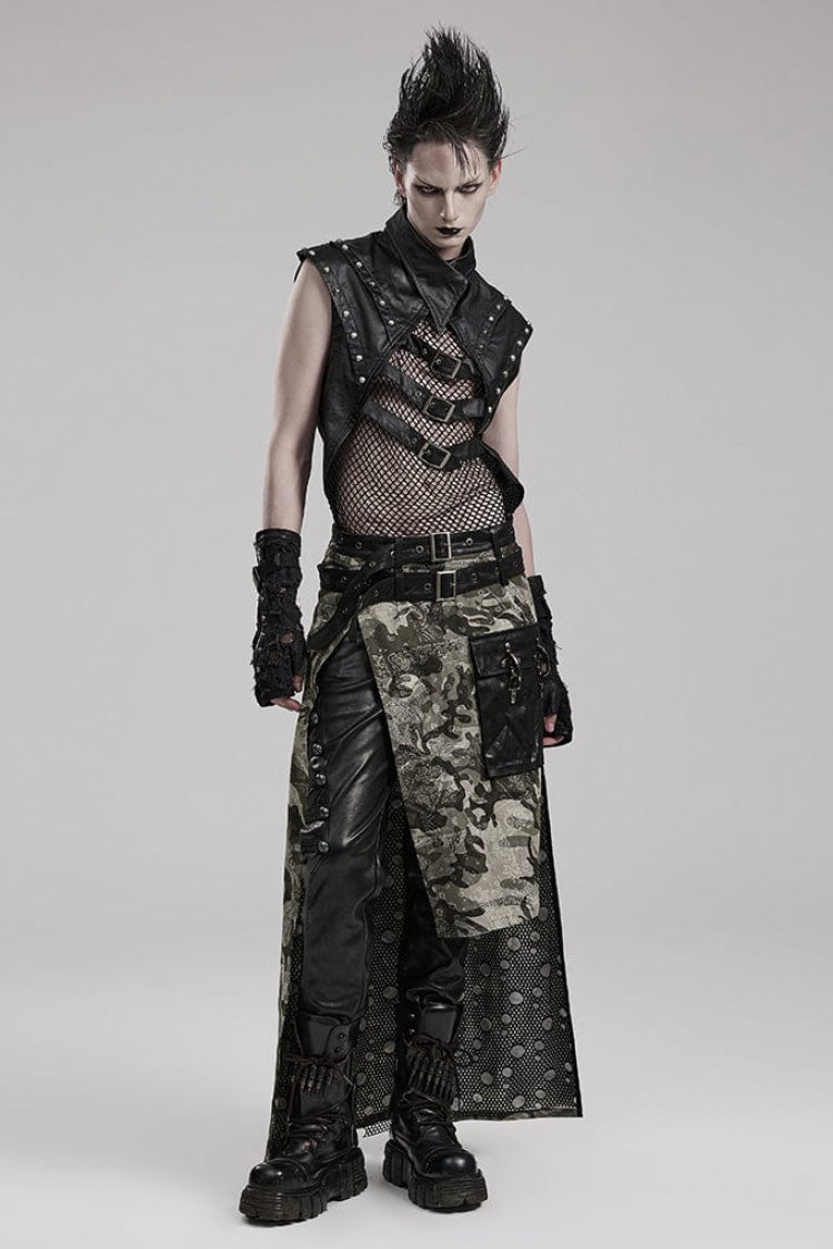 Black Faux Leather Stitching Mesh Sheer Metal Rivets Mens Steampunk Vest