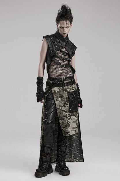 Black Faux Leather Stitching Mesh Sheer Metal Rivets Mens Steampunk Vest
