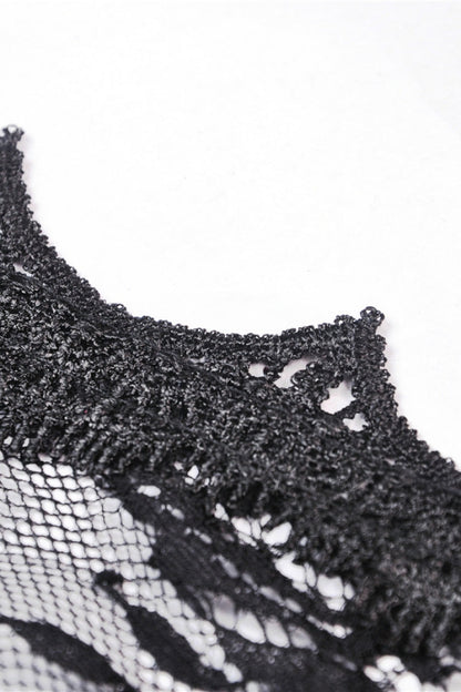 Black Long Trumpet Sleeves Sheer Floral Lace Women's Gothic Maxi Cloak with Belts