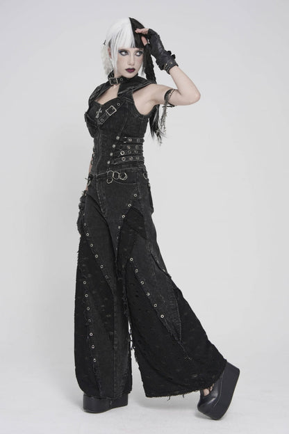 Black Cut-Out Spliced Mesh Eyelet Women's Punk Layered Ripped Pants