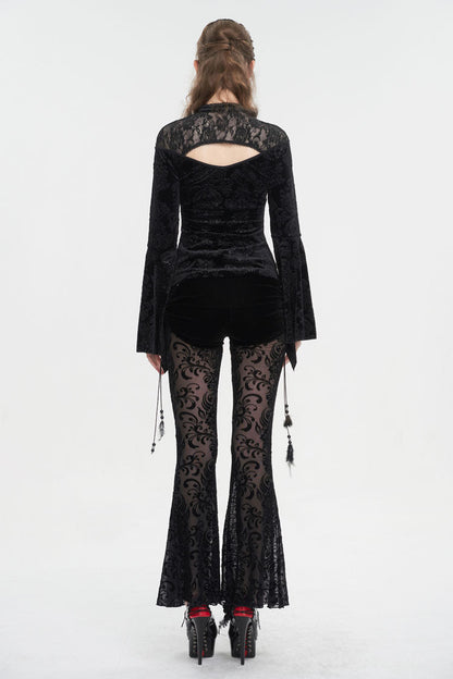 Black Lace Cutout Round Collar Flared Sleeved Floral Embossed Women's Gothic Shirt
