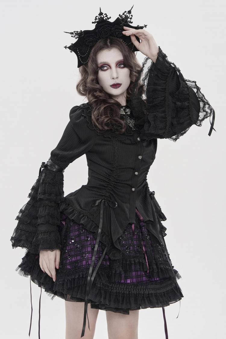 Black Lapel Collar Long Trumpet Sleeves Lace Lace-Up Women's Gothic Blouse