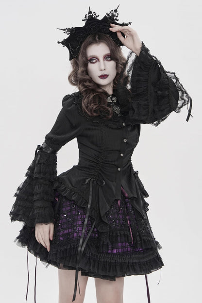 Black Lapel Collar Long Trumpet Sleeves Lace Lace-Up Women's Gothic Blouse