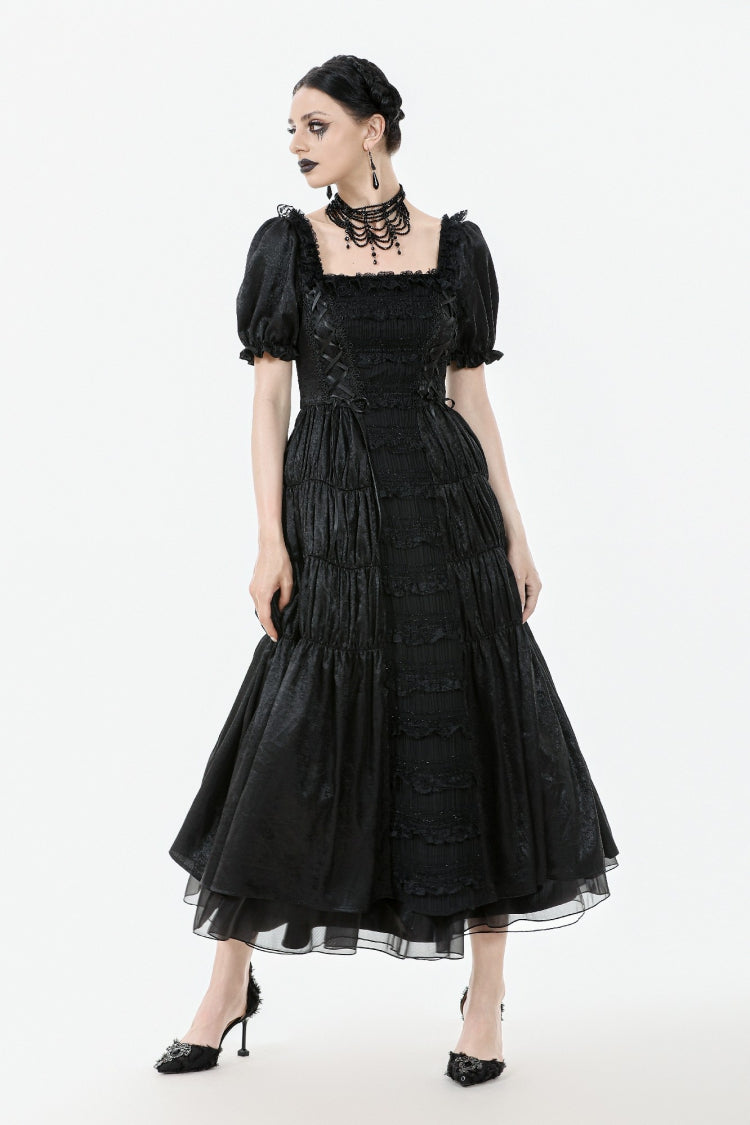 Black Lace Square Collar Short Puff Sleeves Lace-Up Ruched Women's Gothic Wedding Dress