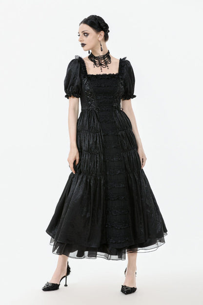 Black Lace Square Collar Short Puff Sleeves Lace-Up Ruched Women's Gothic Wedding Dress
