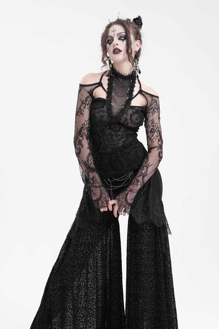 Black Long Sleeves Hollow Lace Mesh Ripped Women's Gothic Blouse